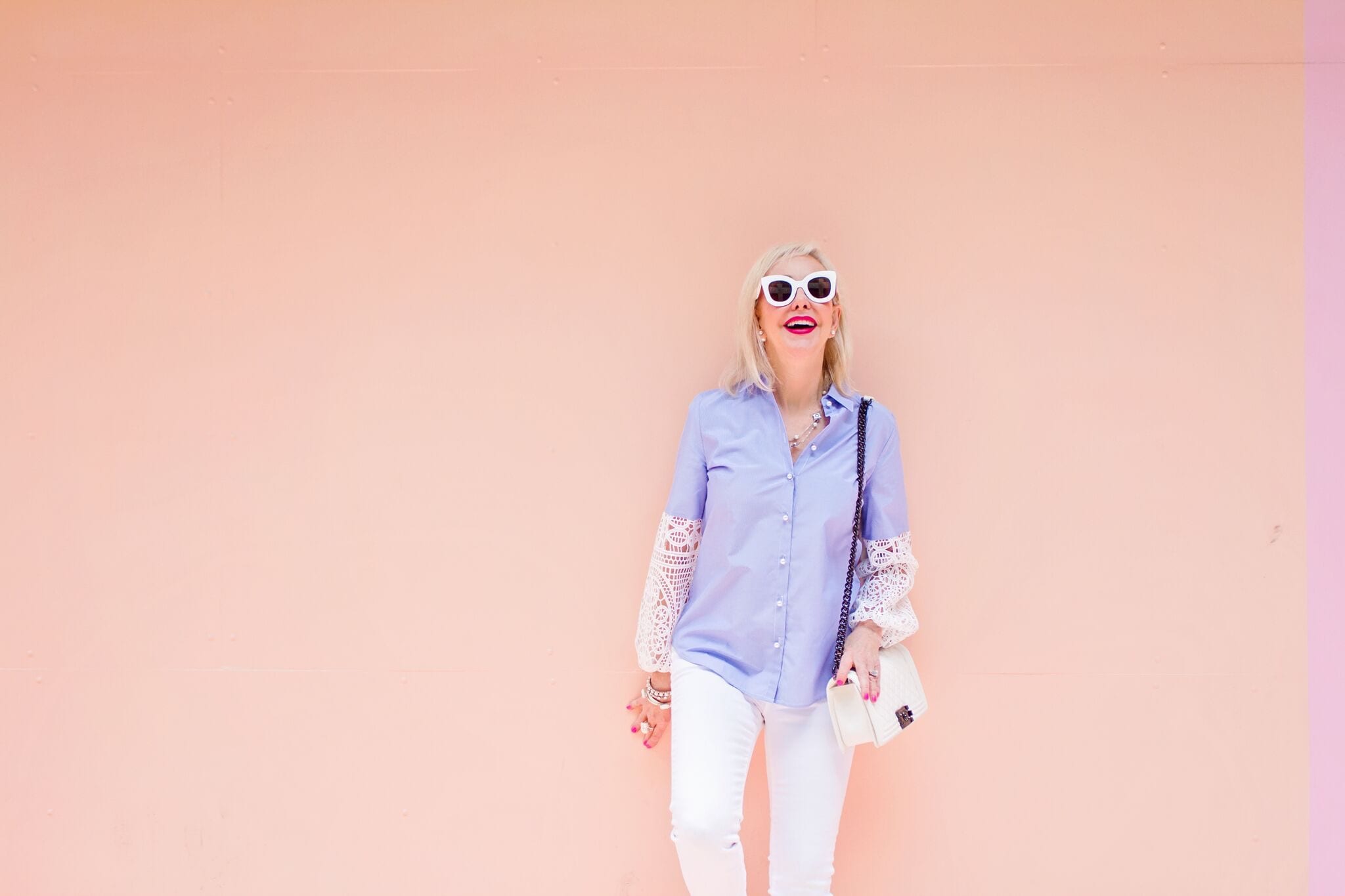 classic shirts, button front shirt, lace sleeve, blue shirts, feminine shirts, pearl button shirts, white jeans, Chanel bag, Stuart Weitzman