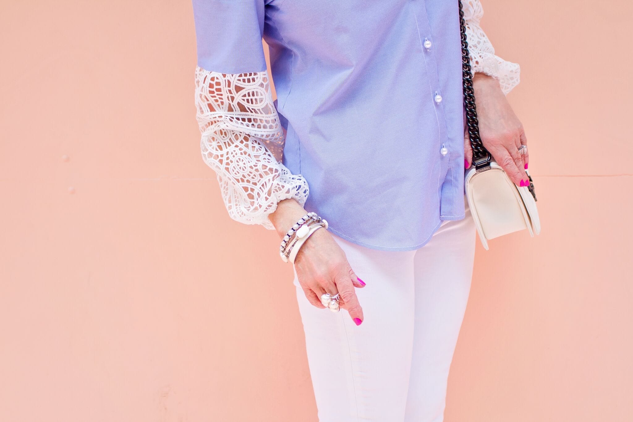 classic shirts, button front shirt, lace sleeve, blue shirts, feminine shirts, pearl button shirts, white jeans, Chanel bag, Stuart Weitzman