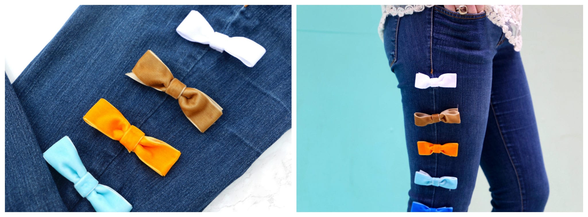 Steps to DIY velvet bow jeans, designer dupe, steal or splurge bow jeans, designer velvet bow jeans, redesign