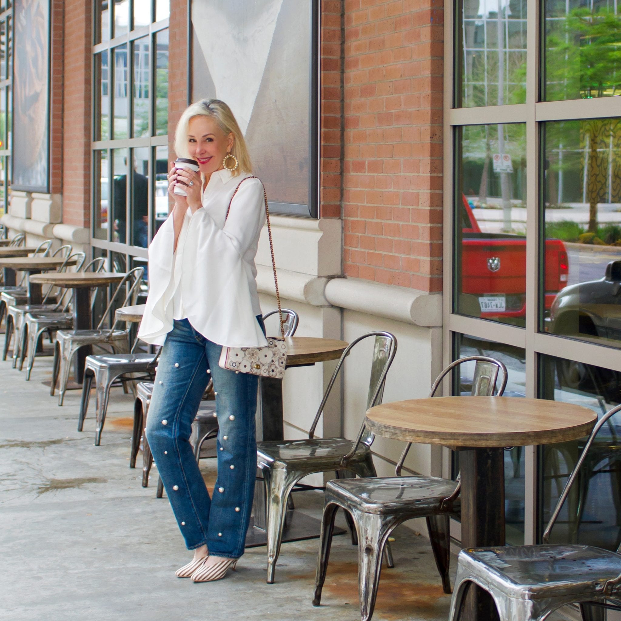 Eliza J top, denim with pearls, tues es mon jeans, Coach bag,