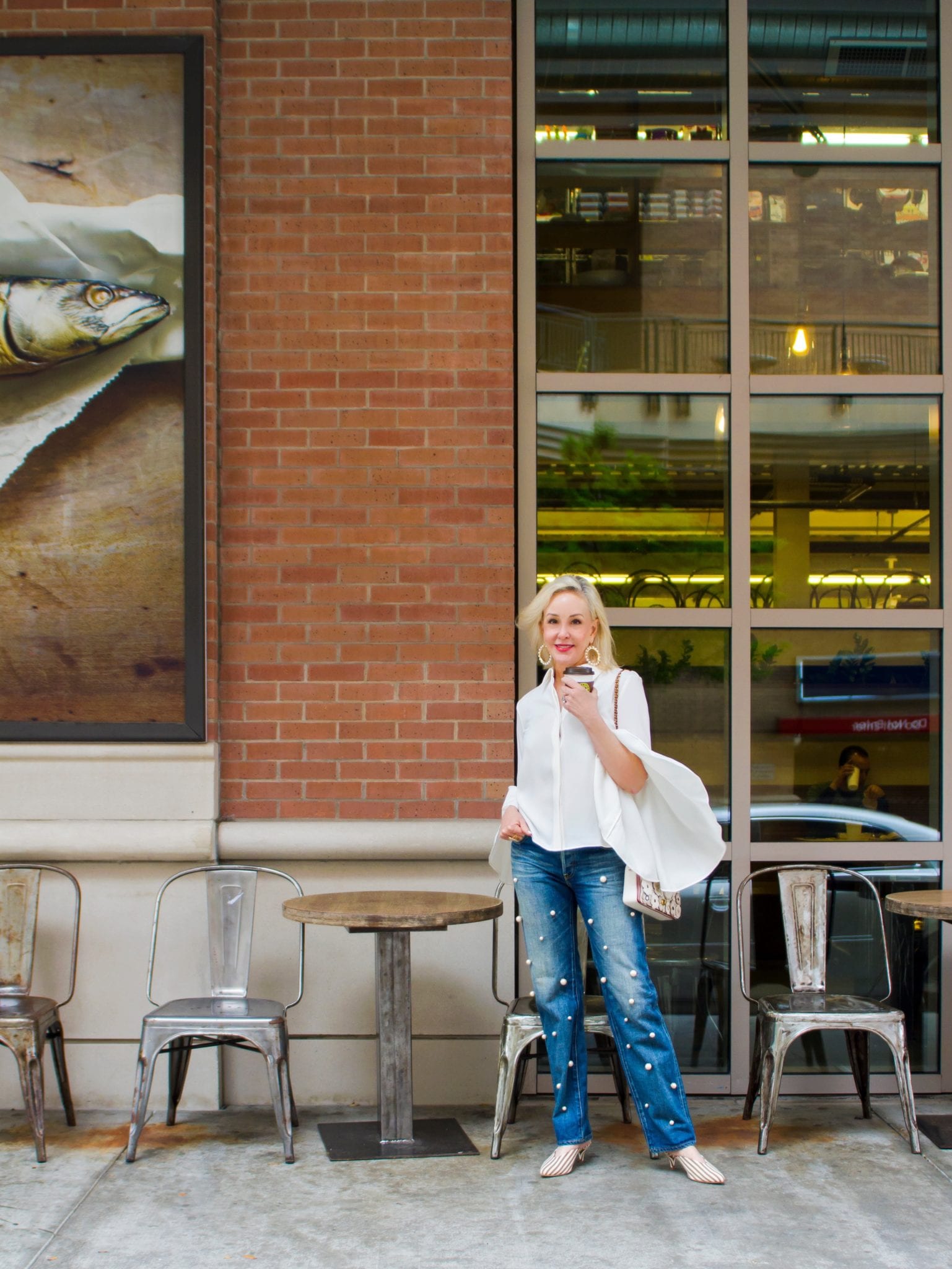 Eliza J top, denim with pearls, tues es mon jeans, Coach bag,