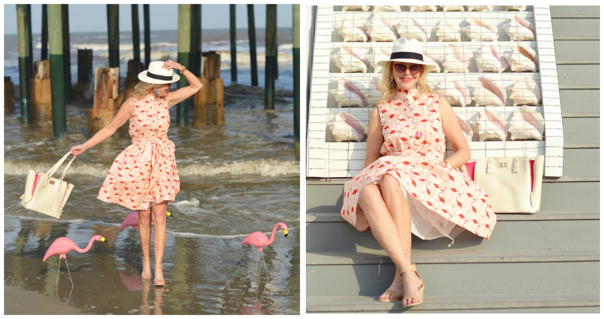 Flamingo dress, panama hat