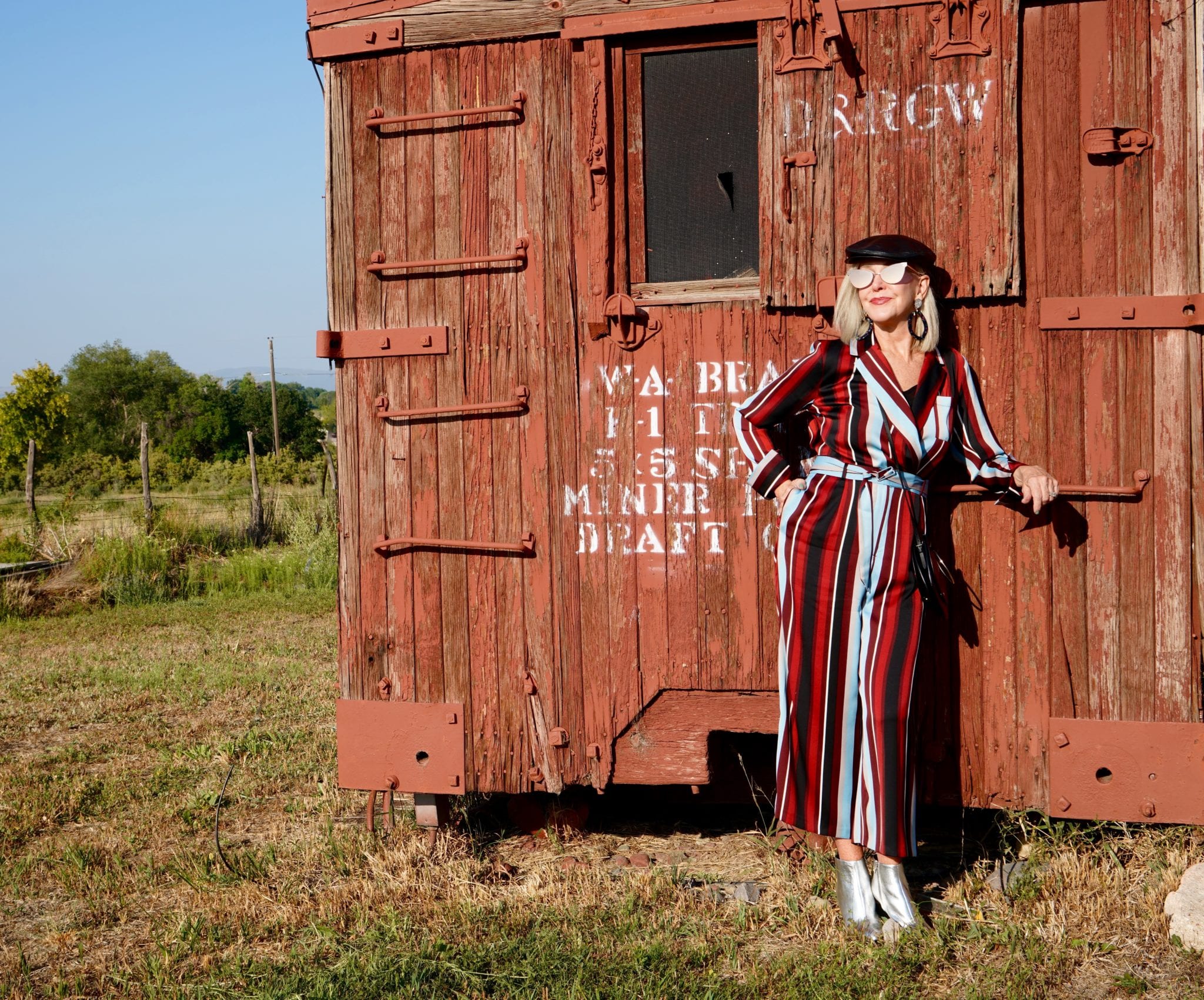 boots, booties, stripes, jumpsuit, metallic booties