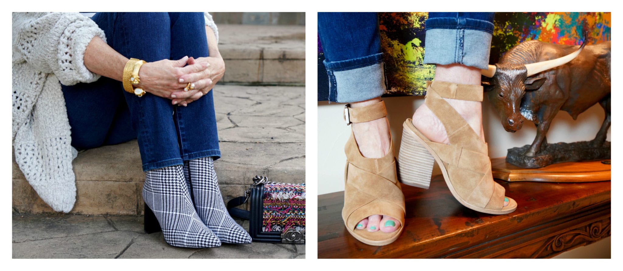 boots, booties, jumpsuit, metallic booties, plaid booties,