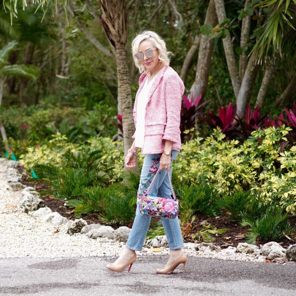 Chanel inspiration, tweed jacket, pink tweed jacket, embroidered floral jeans
