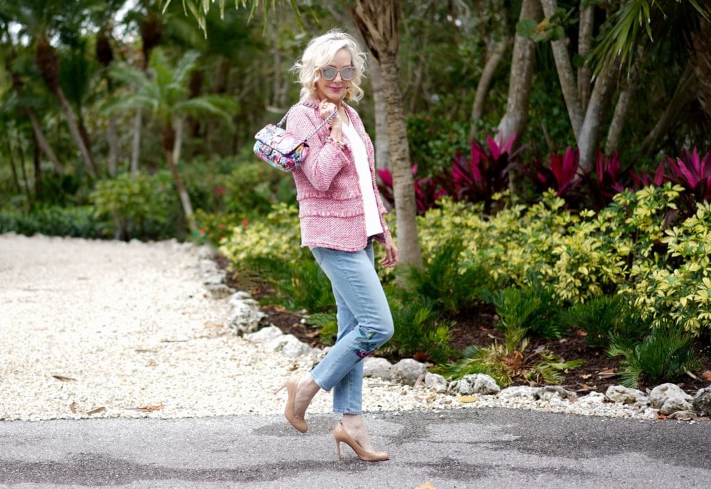 Chanel inspiration, tweed jacket, pink tweed jacket, embroidered floral jeans