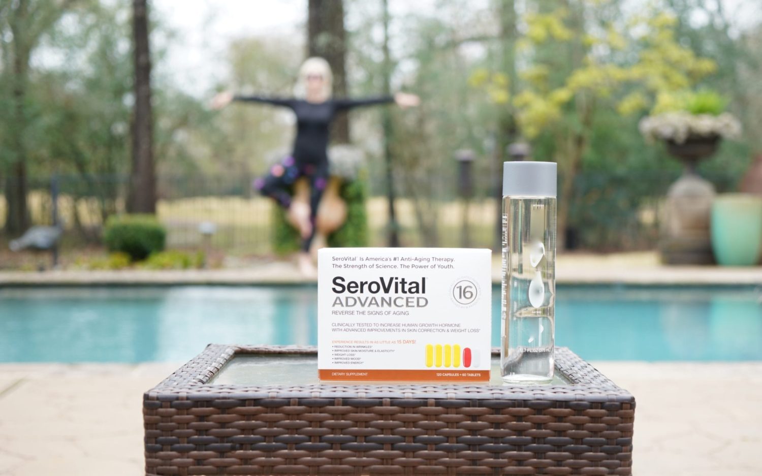 box of Serovital Advanced supplements on table by swimming pool