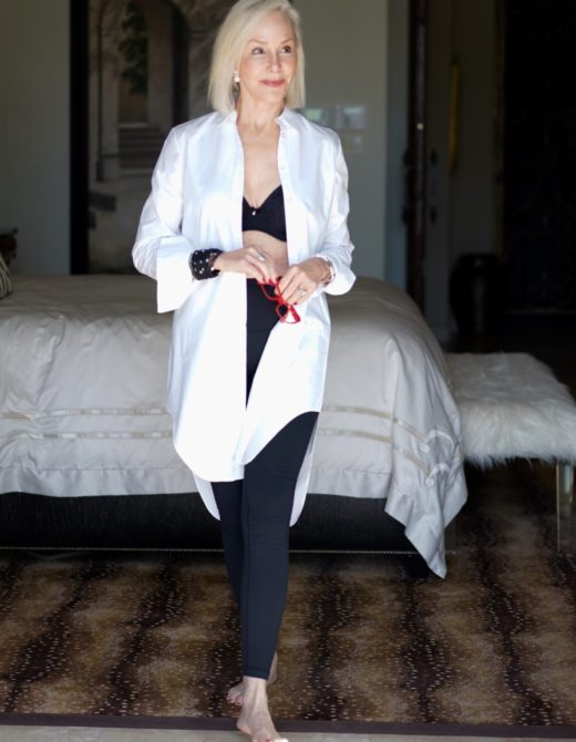 Long white shirt over black bra by Soma Intimates & black leggings in master bedroom