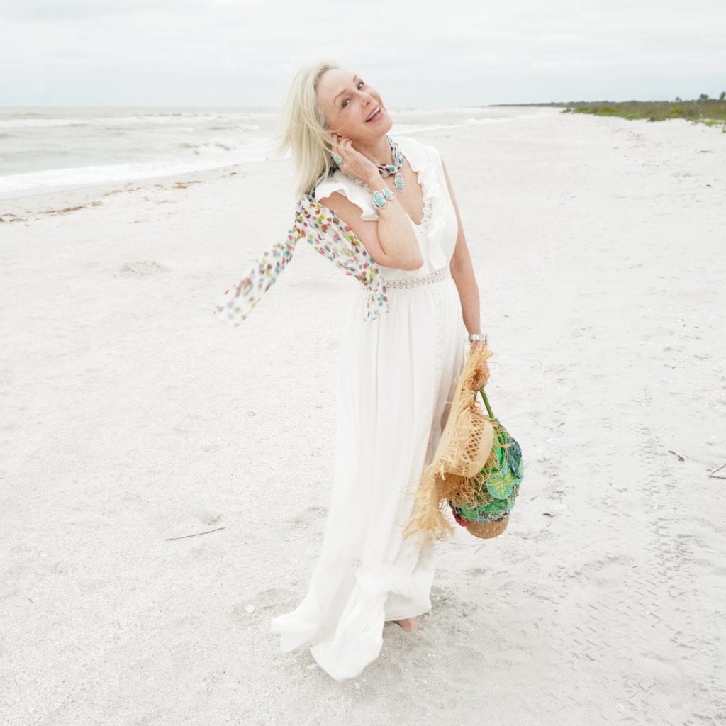 beach-sand-white dress- ruffle maxi dress-large straw hat- green straw palm tote bag-flowy scarf