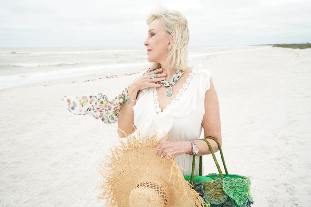 beach-sand-white dress- ruffle maxi dress-large straw hat- green straw palm tote bag-flowy scarf