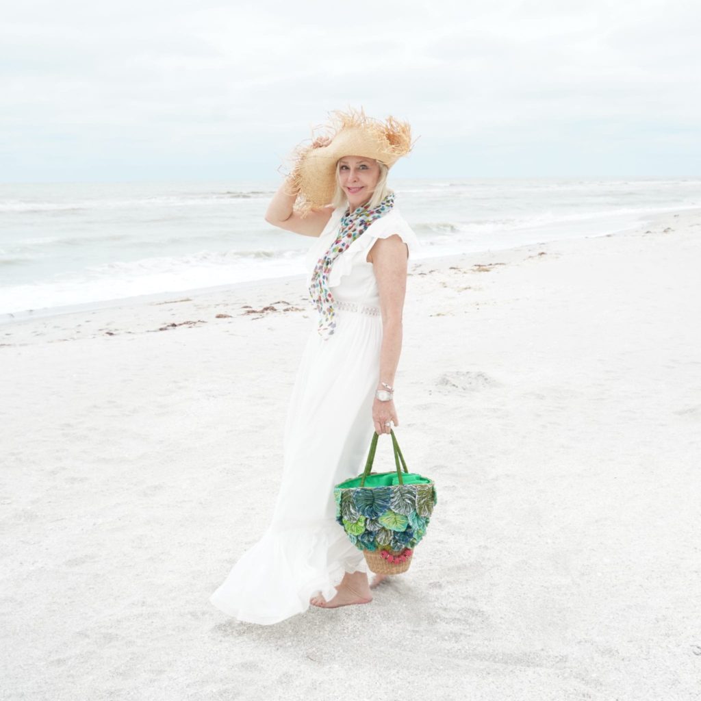 beach-sand-white dress- ruffle maxi dress-large straw hat- green straw palm tote bag-flowy scarf