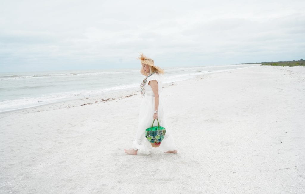 beach-sand-white dress- ruffle maxi dress-large straw hat- green straw palm tote bag-flowy scarf