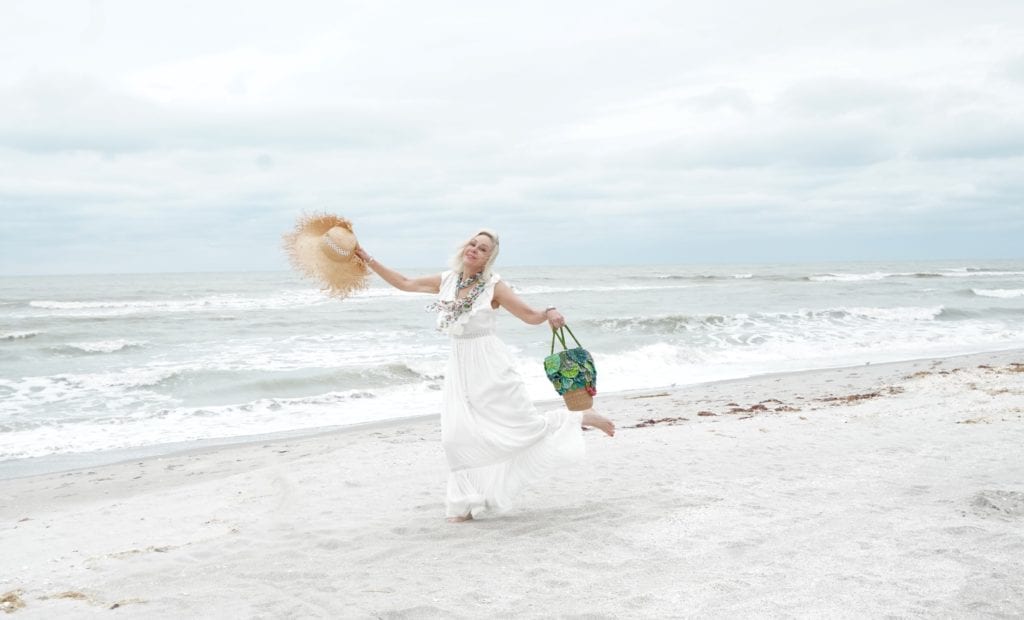 beach-sand-white dress- ruffle maxi dress-large straw hat- green straw palm tote bag-flowy scarf