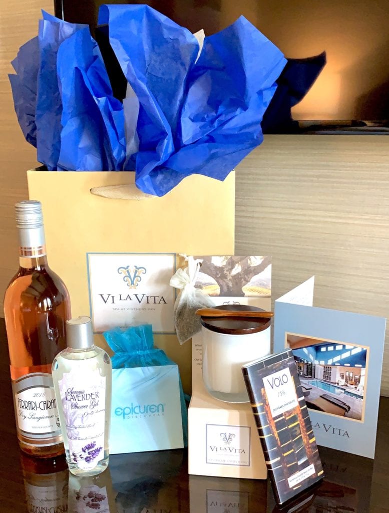 swag bag- spa products, snacks- bottle of wine