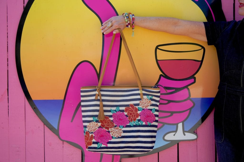 stipe & floral tote bag, pink wall, Flamingo wall, beaded bracelets