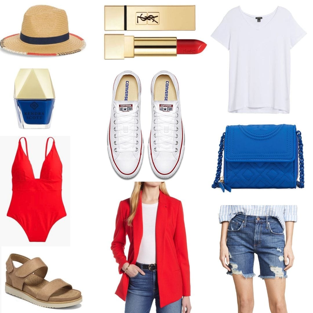 Memorial Day Outfit, Red Swimsuit, Converse, White T, Sandals, Shorts, Outfit Inspiration