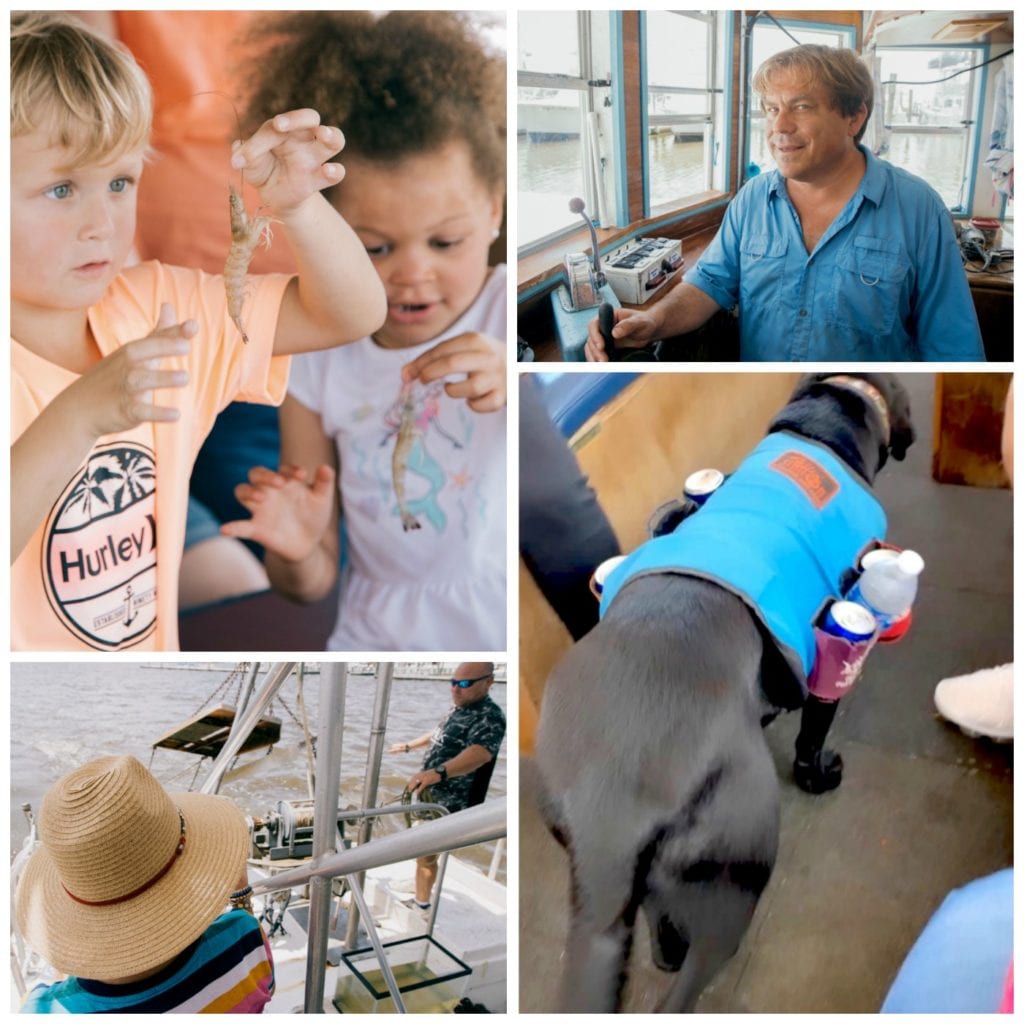 Shrimping, children holding shrimp, captain of boat, dog serving soft drinks and beer