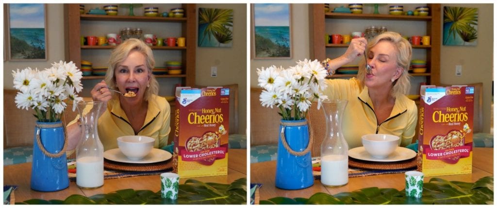 Sheree Frede at breakfast table eating Cheerios