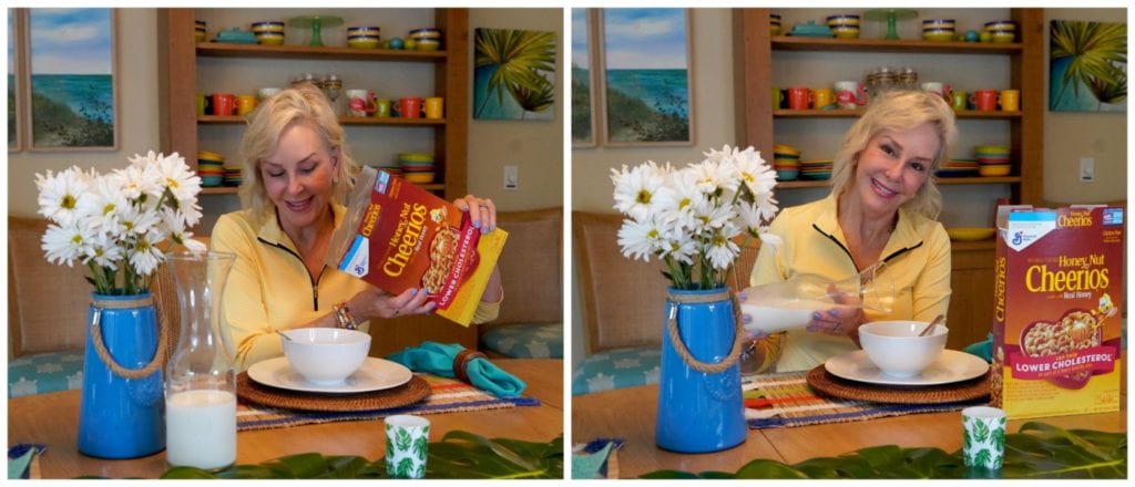 Sheree Frede at breakfast table eating Cheerios