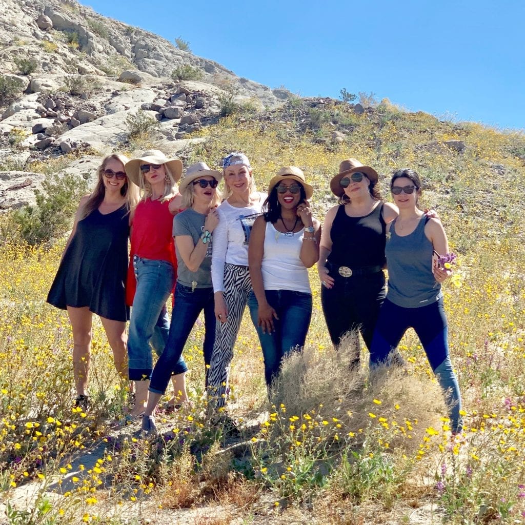 5 ladies posing together on a hillside