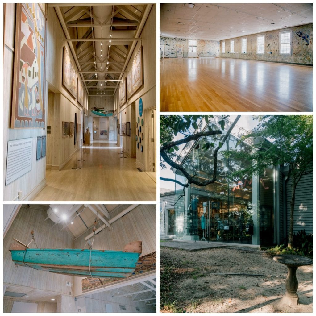 Water Anderson Museum of Art, his old turquoise boat, front photo of museum, recreation hall that he painted