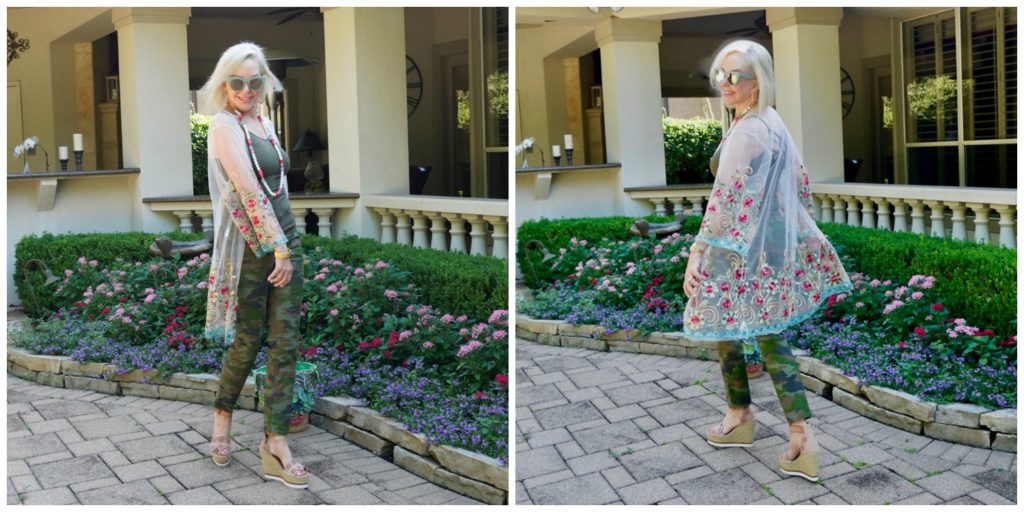 Sheree Frede of he SheShe Show wering camo pants with sheer floral kimono