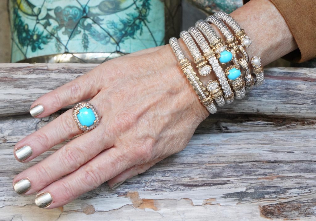 Sheree of the SheShe Show wear Vahan fine jewelry, bracelets, turquoise ring, stacked silver, bold, diamond bracelets