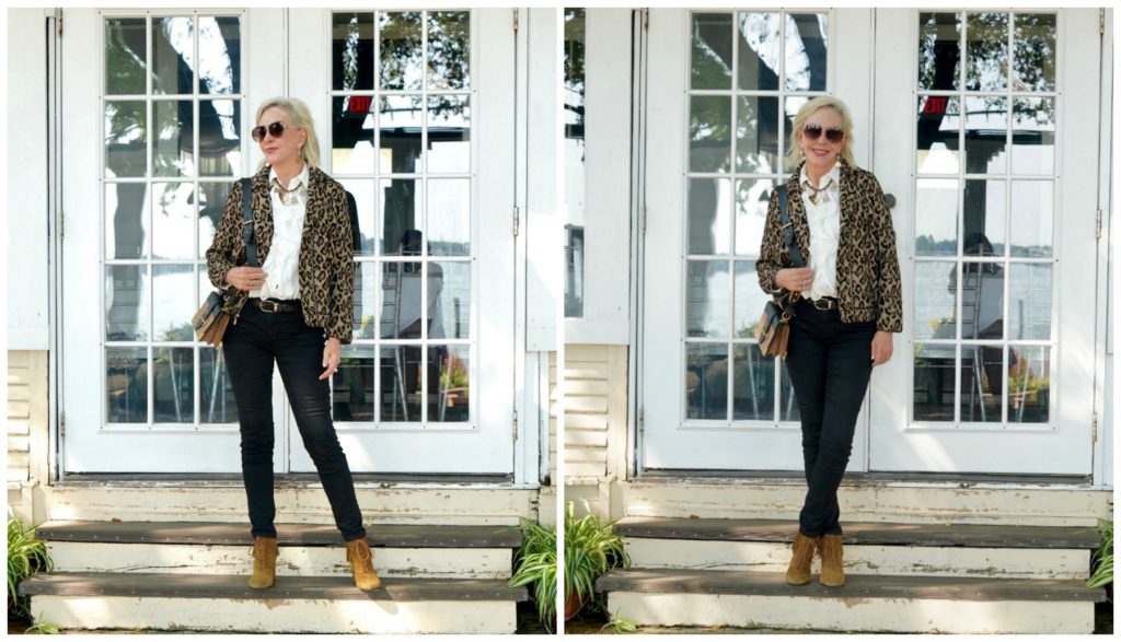 Sheree of the SheShe Show wearing Chico's leopard moto jacket over ivory ruffle blouse and black jeans with tan suede booties