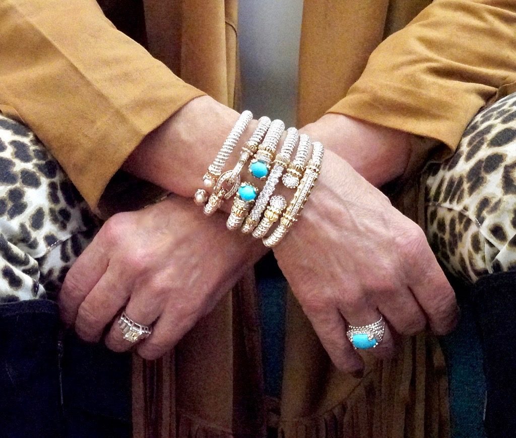 Sheree of the SheShe Show wear Vahan fine jewelry, bracelets, turquoise ring, stacked silver, bold, diamond bracelets