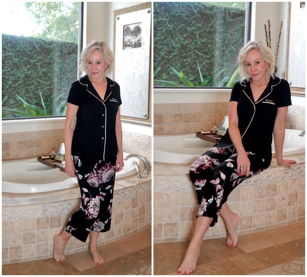 SheShe of the SheShe Show wearing 2 pc Soma pajama set sitting on bathtub