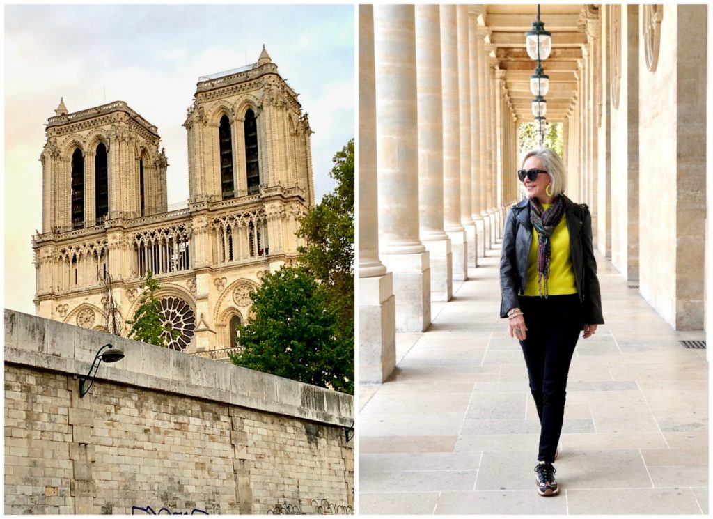 Notre Dame in left photo and Sheree of the SheSheShow at the Palais de Royal Paris