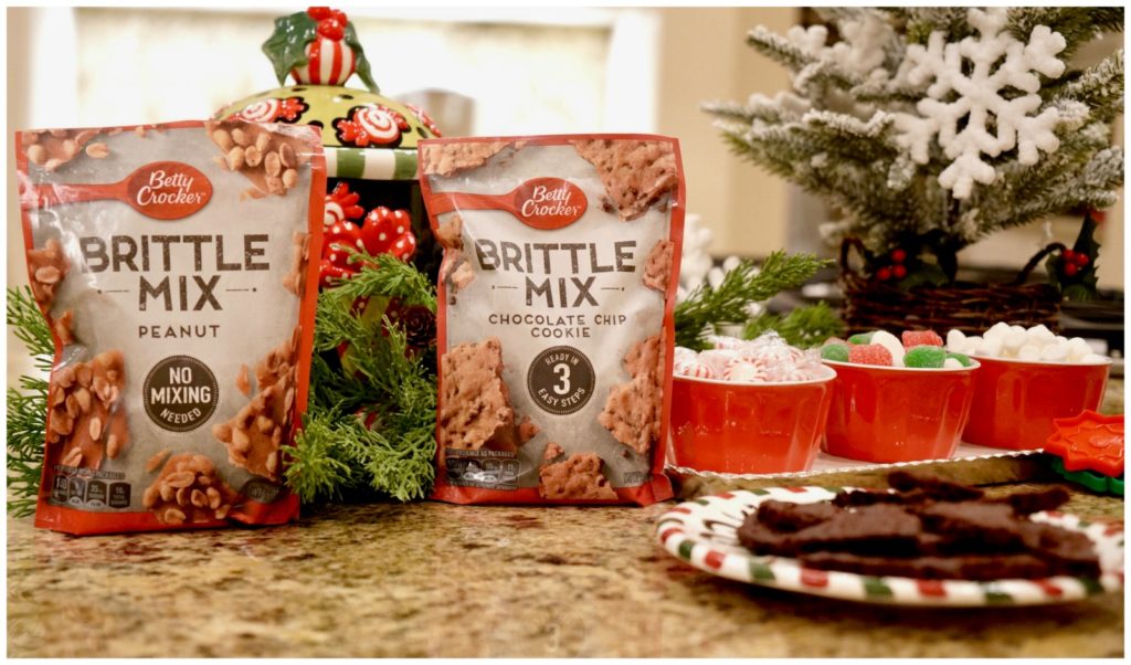 Betty Crocker Brittle Mix with a plate of Brittle Brownie Mix on kitchen counter