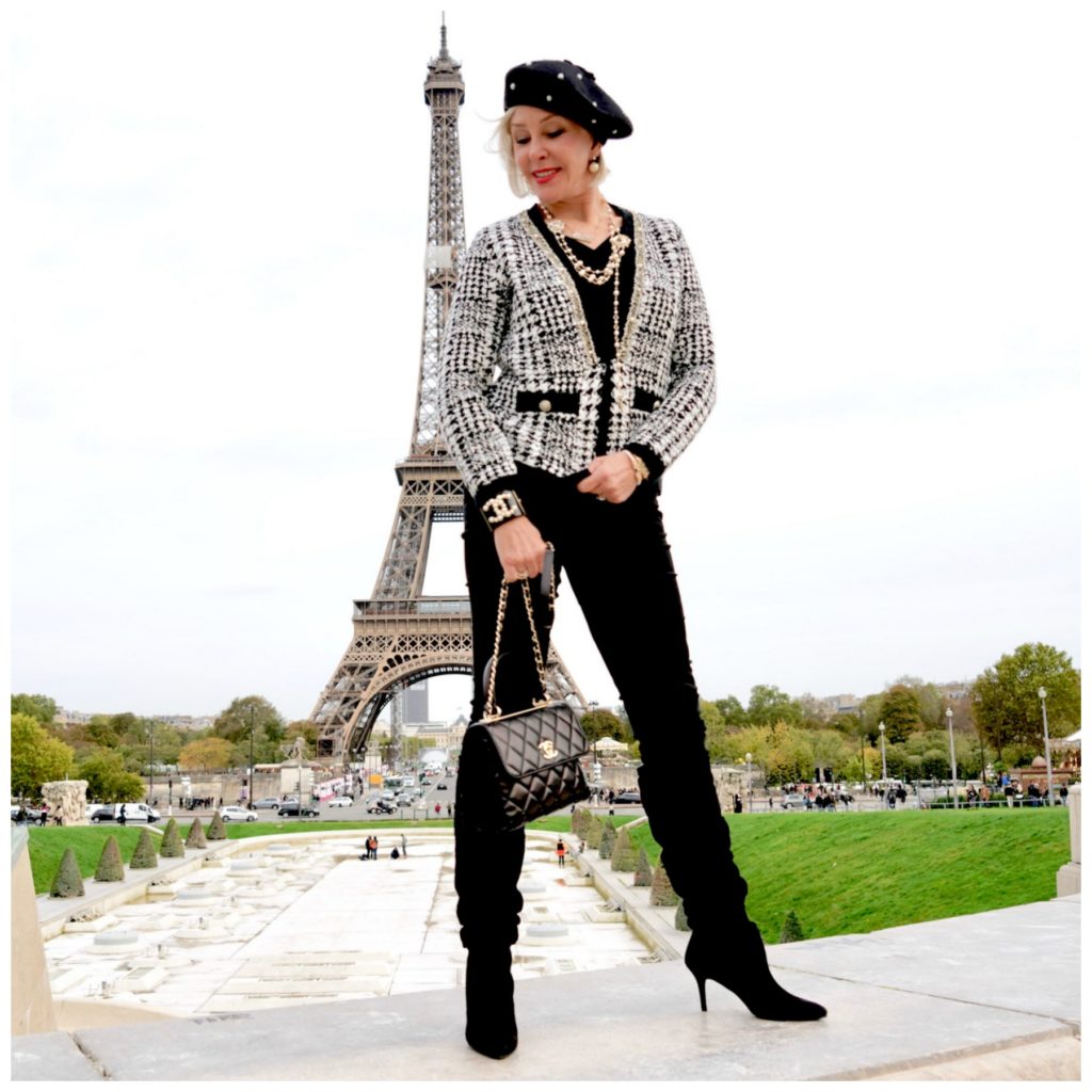 Sheree of sheshe show wearing chico's outfit in front of eiffel tower