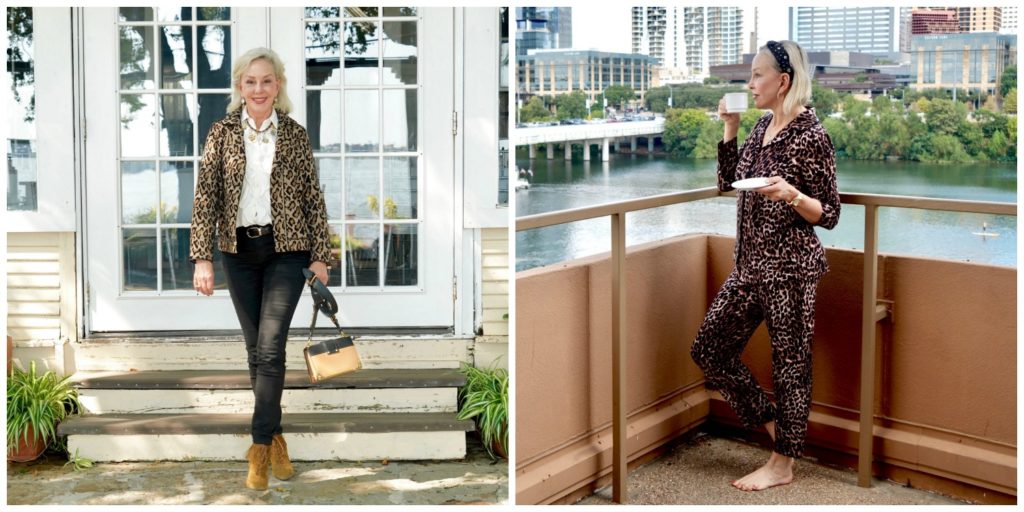 SheShe of the SheShe Show wearing a leopard moto jacket and in other photo wearing leopard lounge set