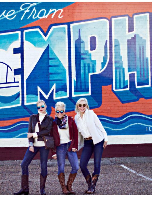 Jamie, Shauna, and Sheree Frede of the SheShe SHow standing in front of Memphis wall mural