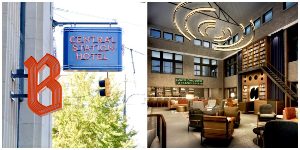 Central Station Hotel Memphis sign and lobby area