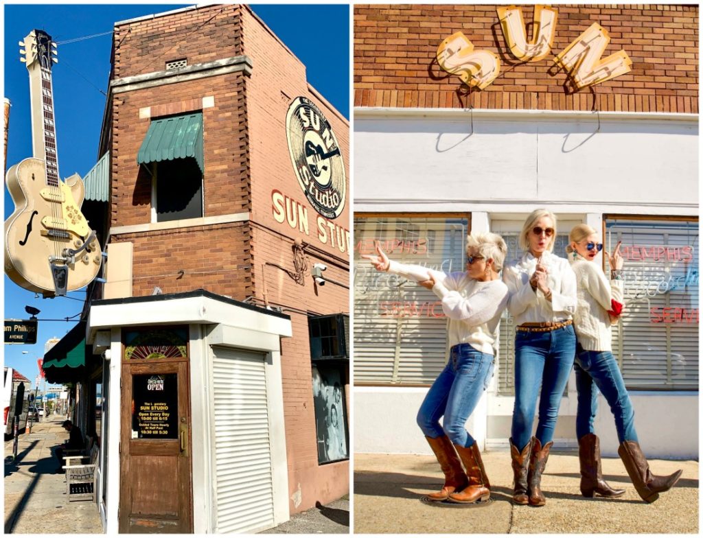 Outside photo of Sun Studios and photo of Shauna, SheShe and Jamie posed like Charlie's Angels at Sun Studios