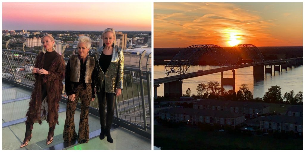 Jamie, Shauna, & SheShe standing on the Cypress Lodge Hotel in Memphis, TN and Mississippi River sunset