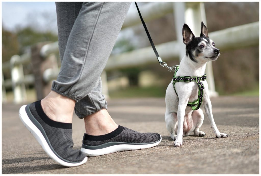 sheree Frede of the SheShe Show walking dog across a bridge wearing athleisure