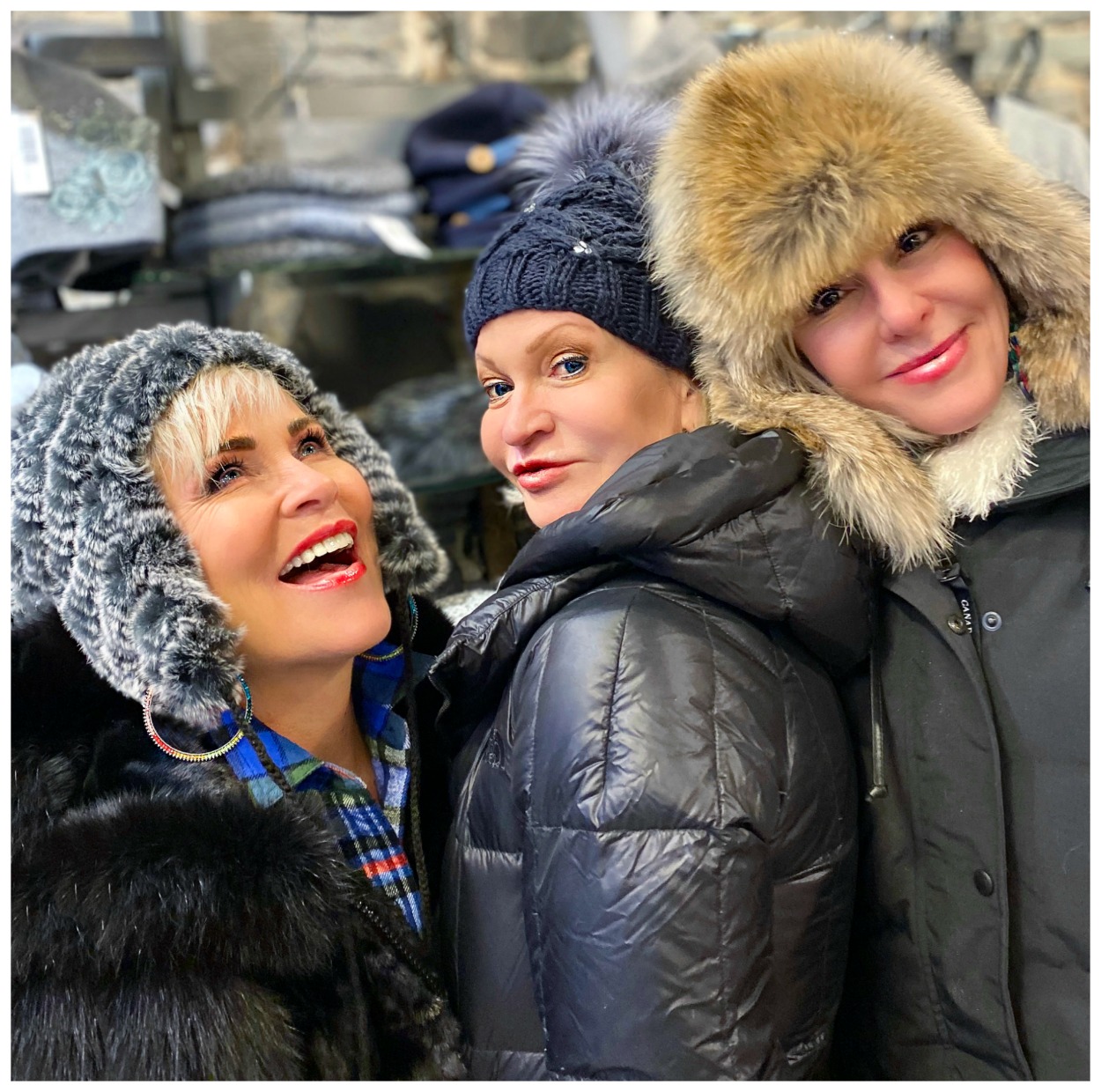 Shauna, Jamie and SheShe wearing fun fur winter hats