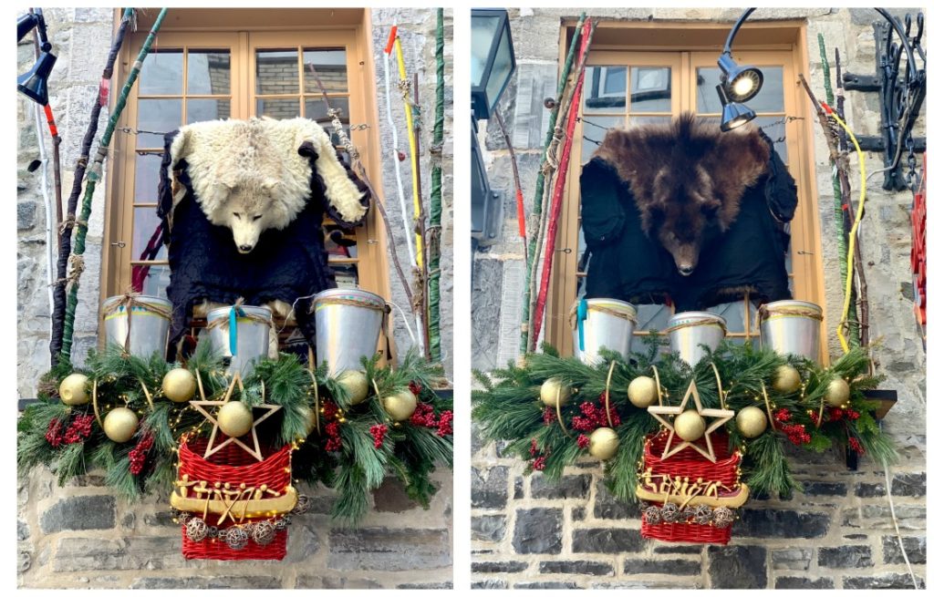 2 phjotos of a windowsill decorated with bear rugs