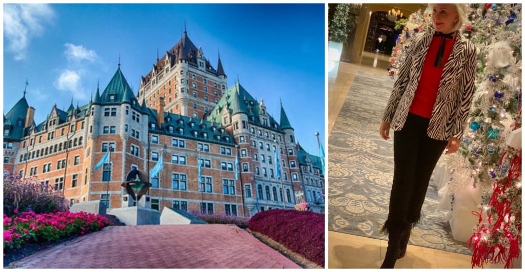 Photo of Fairmont Hotel Fontenac Quebec City and Sheree of SheSheShow standing by Christmas trees inside hotel