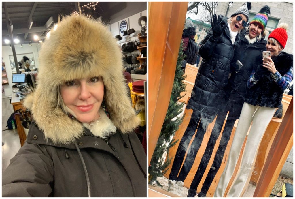 Sheree of the SheShe SHow wearing a fur trapers hat next photo Rockintheages girls standing in front of silly mirror at Quebec Christmas market