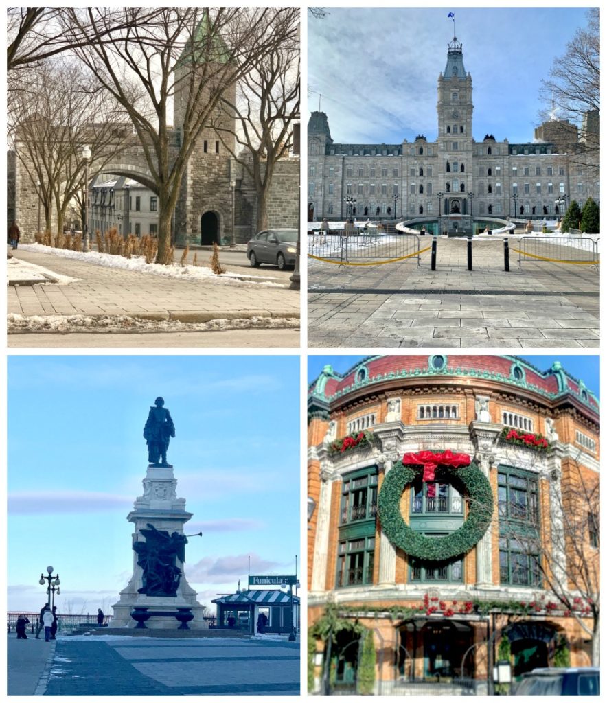 4 photos of old Quebec City buildings and gate into Old Quebec City