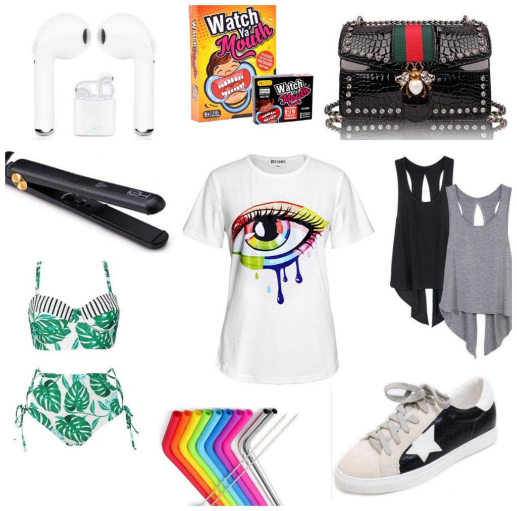 Collage t Shirt, swimsuit, plastic straws, sneakers