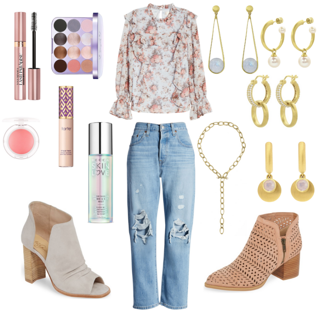 Friday's Favorite Finds with floral top, distressed jeans, booties, dean davidson jewelry, and neutral make up.