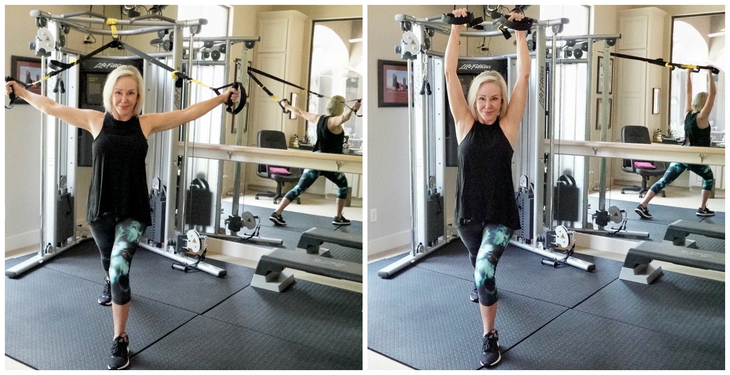 Sheree Frede of the SheShe Show using her trx straps in her workout room and wearing workout apparal