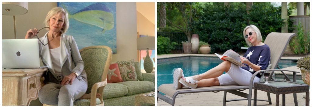 Sheree Frede of the SheShe Show sitting in lawn chair by the pool reading a cookbook and sitting at her desk wearing comfort clothesw