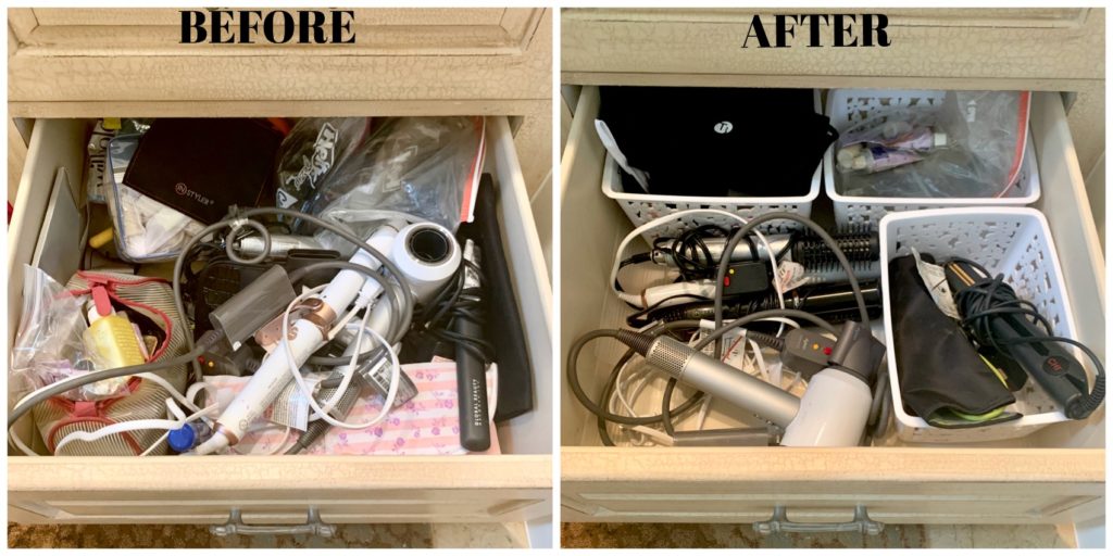 Bathroom unorganized and organized drawers