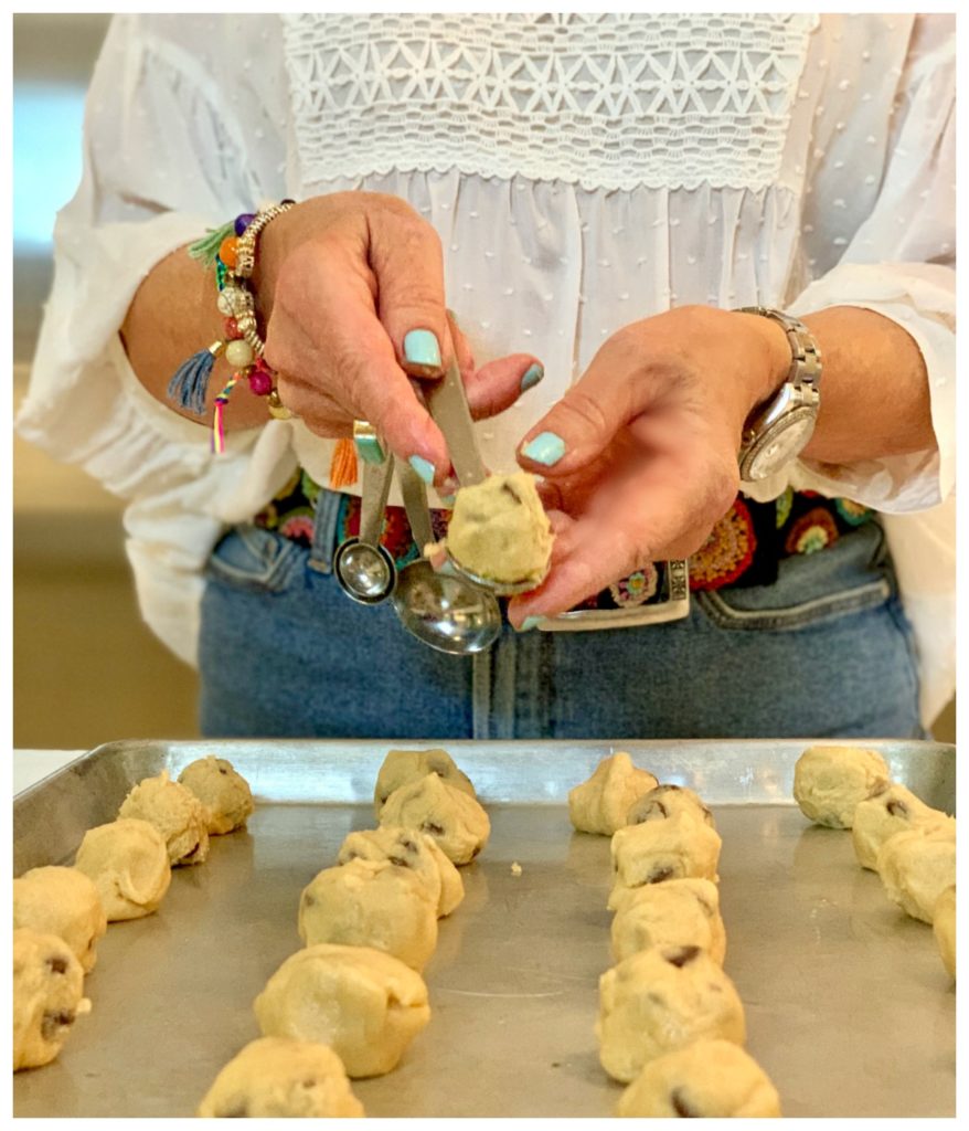 forming ball drops for chocolate chip cookies